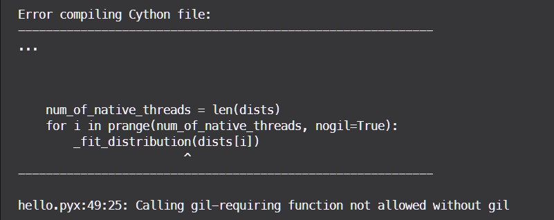 Cython GIL error when using python functions
    inside no GIL block